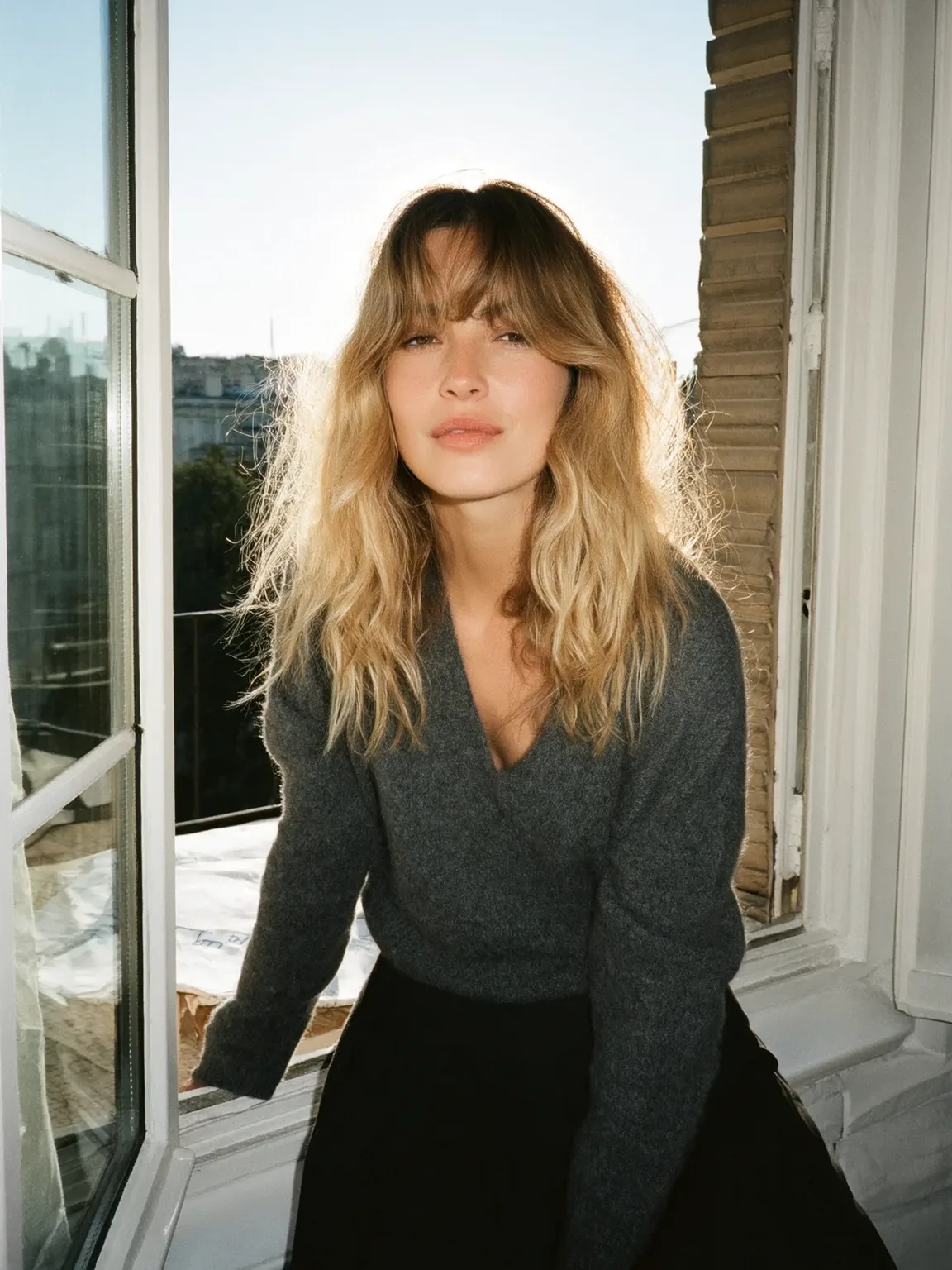 Textured Sandy Blonde Lob with Curtain Bangs